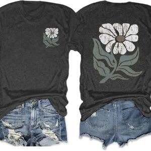 Anbech Women's Botanical Graphic Tees Boho Wildflowers Print Short Sleeve Beach Tshirts Loose Fit