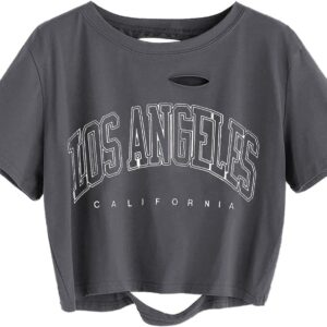 Avanova Women Los Angeles Graphic Distressed Oversized Crop Top Short Sleeve Ripped Boxy Loose Tee Shirt