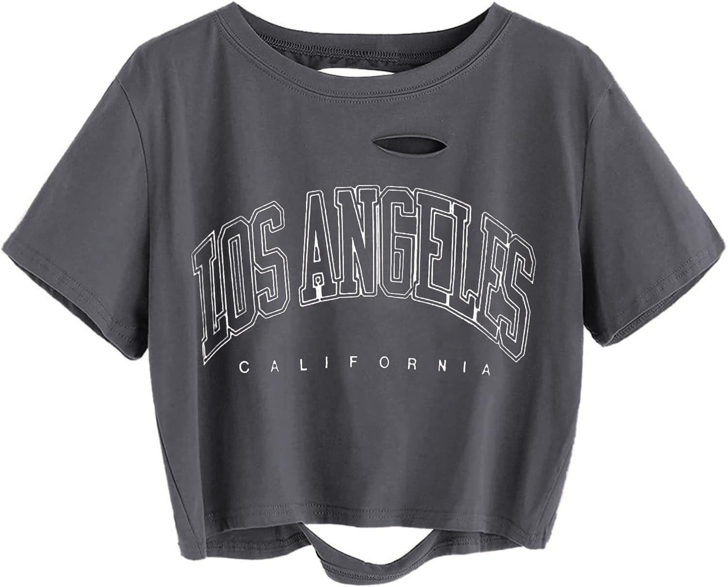 Avanova Women Los Angeles Graphic Distressed Oversized Crop Top Short Sleeve Ripped Boxy Loose Tee Shirt