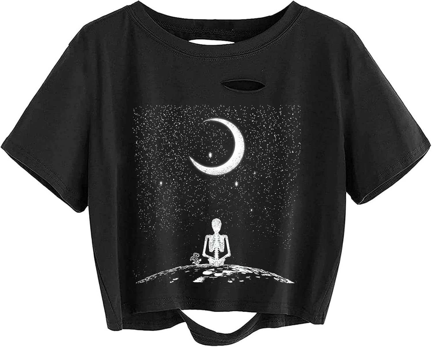 Avanova Women Skull Finger Graphic Distressed Tee Shirt Ripped Short Sleeve Crop Tops - Image 33