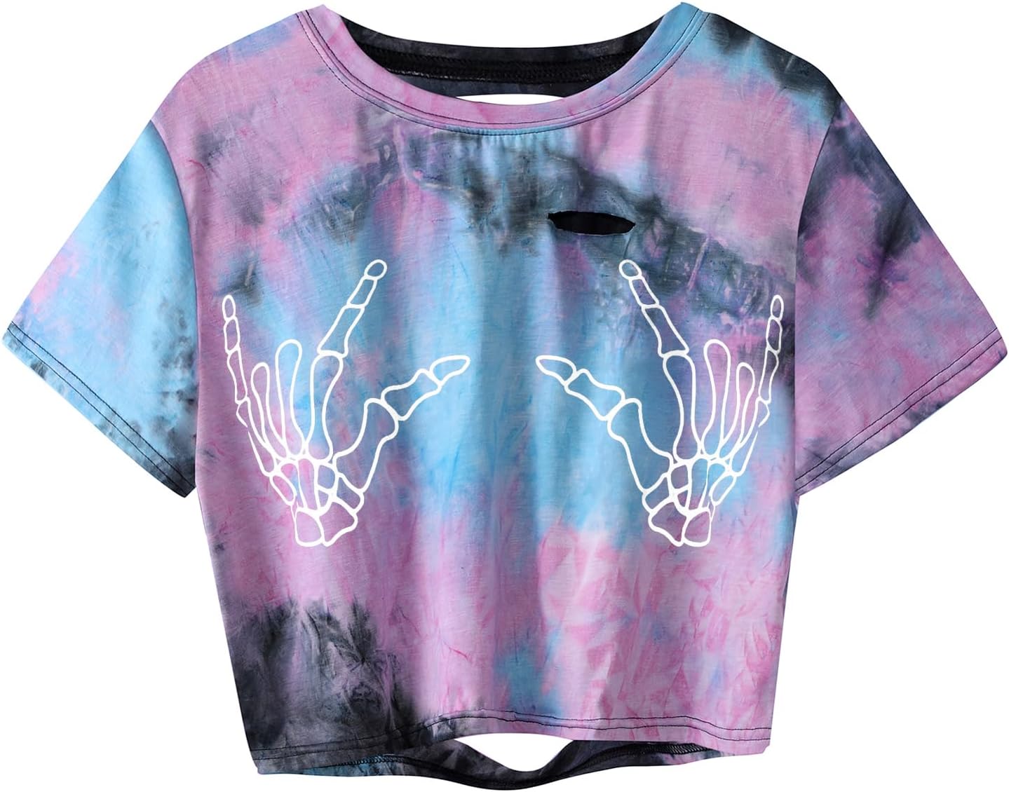 Avanova Women Skull Finger Graphic Distressed Tee Shirt Ripped Short Sleeve Crop Tops - Image 20