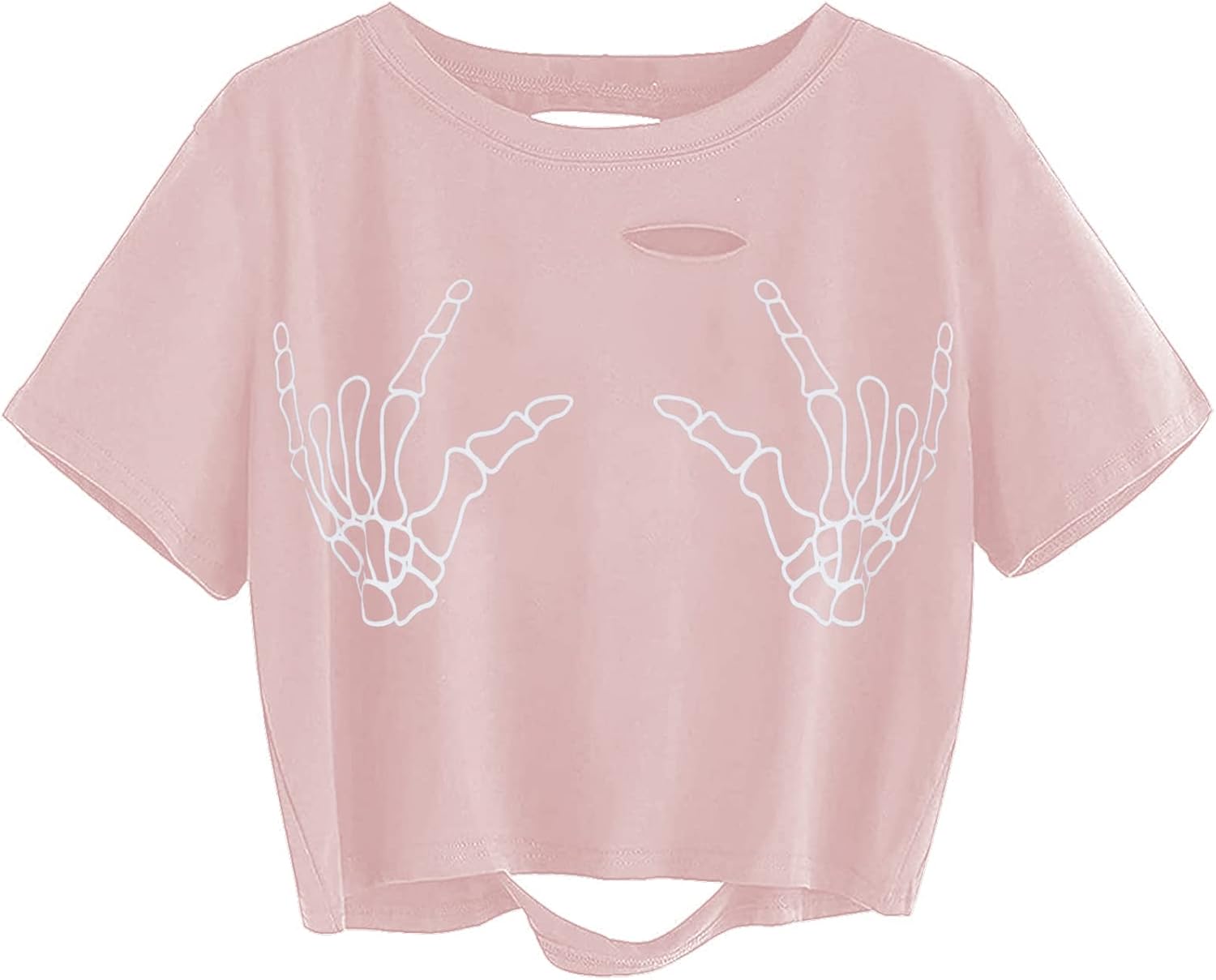 Avanova Women Skull Finger Graphic Distressed Tee Shirt Ripped Short Sleeve Crop Tops - Image 23