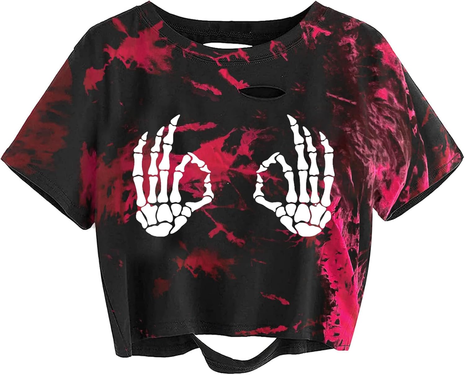 Avanova Women Skull Finger Graphic Distressed Tee Shirt Ripped Short Sleeve Crop Tops - Image 12