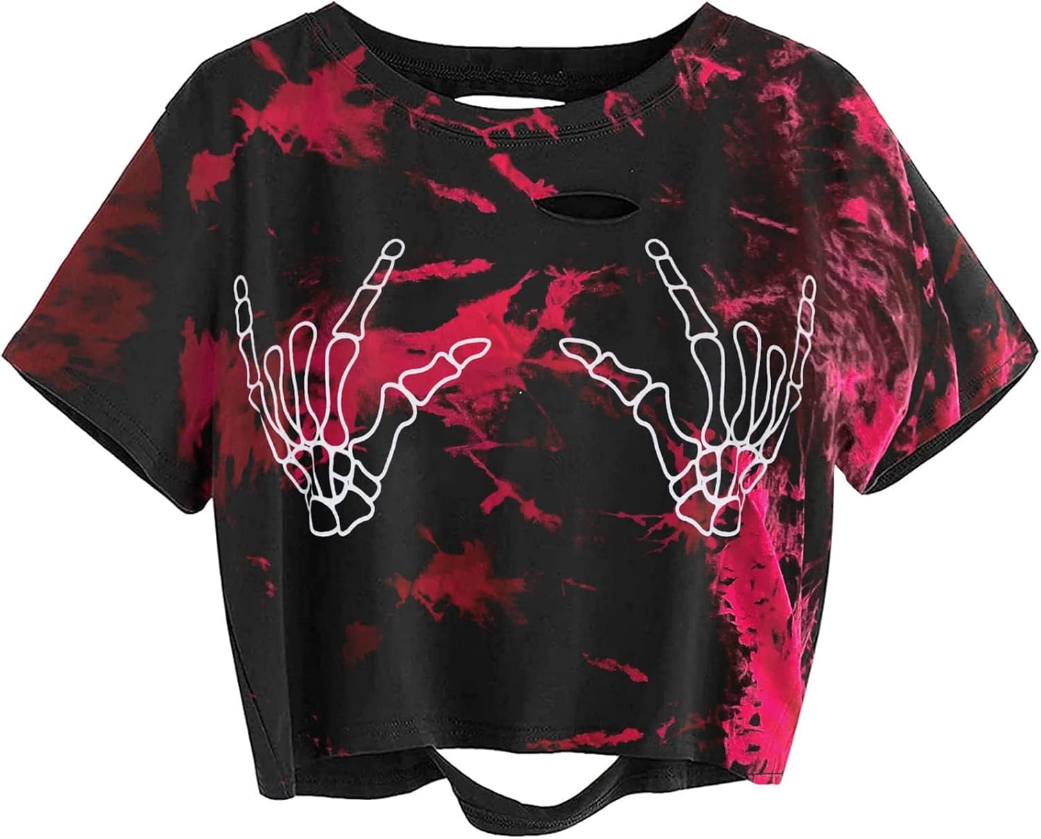 Avanova Women Skull Finger Graphic Distressed Tee Shirt Ripped Short Sleeve Crop Tops - Image 6