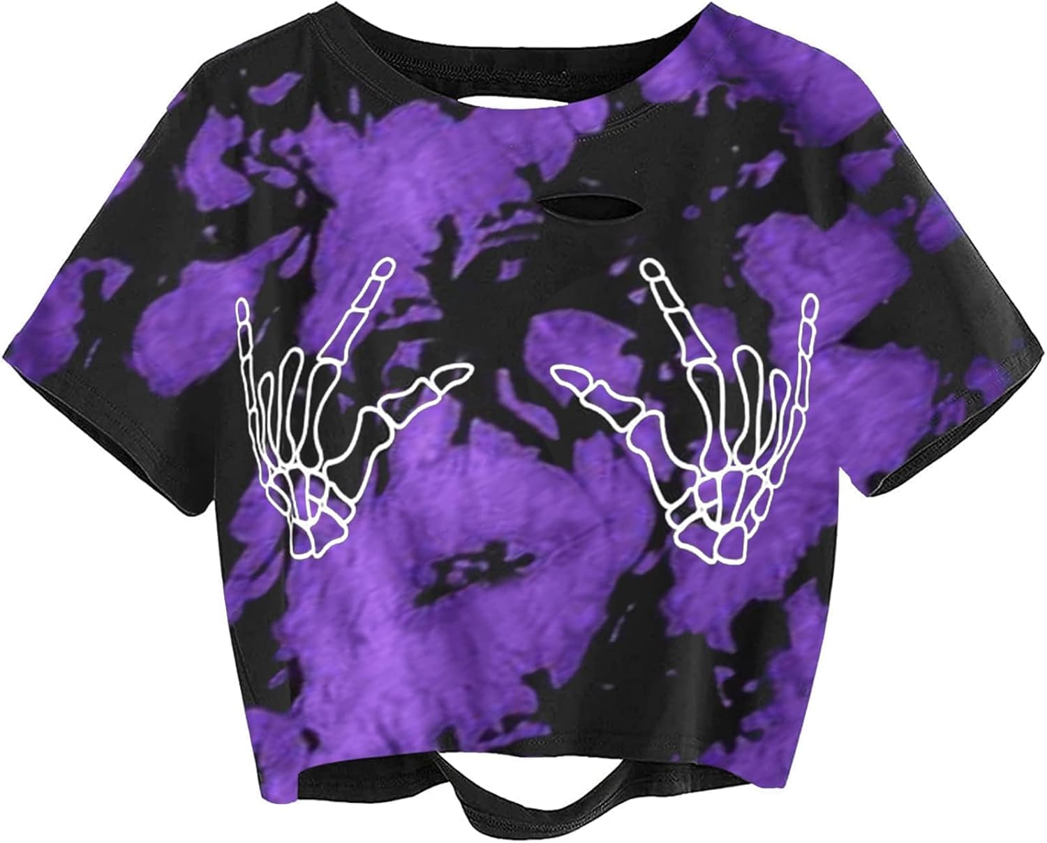 Avanova Women Skull Finger Graphic Distressed Tee Shirt Ripped Short Sleeve Crop Tops - Image 24