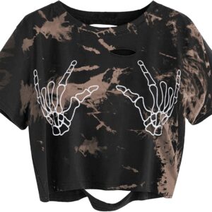 Avanova Women Skull Finger Graphic Distressed Tee Shirt Ripped Short Sleeve Crop Tops