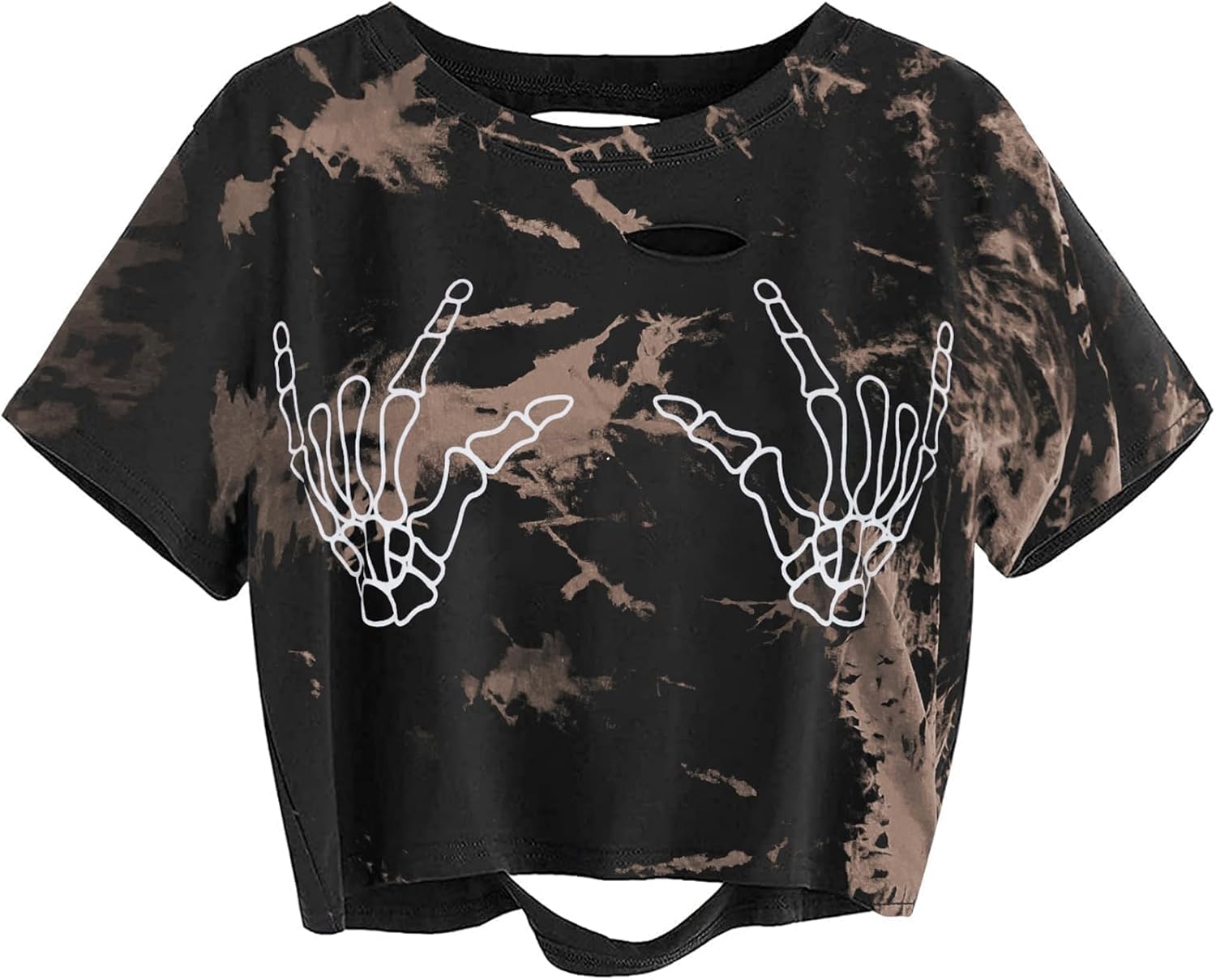 Avanova Women Skull Finger Graphic Distressed Tee Shirt Ripped Short Sleeve Crop Tops