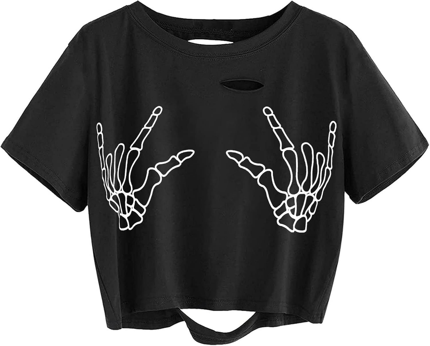 Avanova Women Skull Finger Graphic Distressed Tee Shirt Ripped Short Sleeve Crop Tops - Image 26