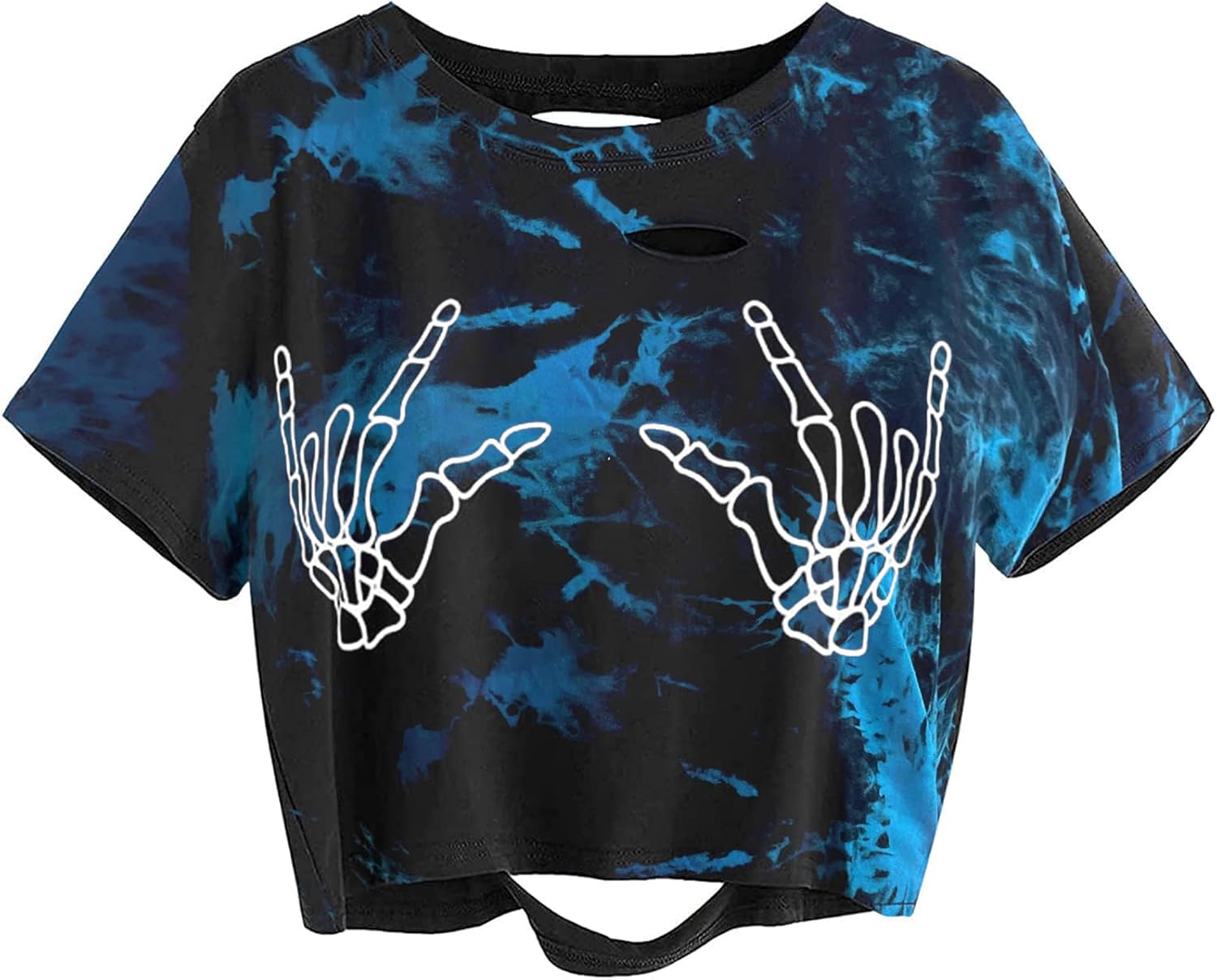 Avanova Women Skull Finger Graphic Distressed Tee Shirt Ripped Short Sleeve Crop Tops - Image 19
