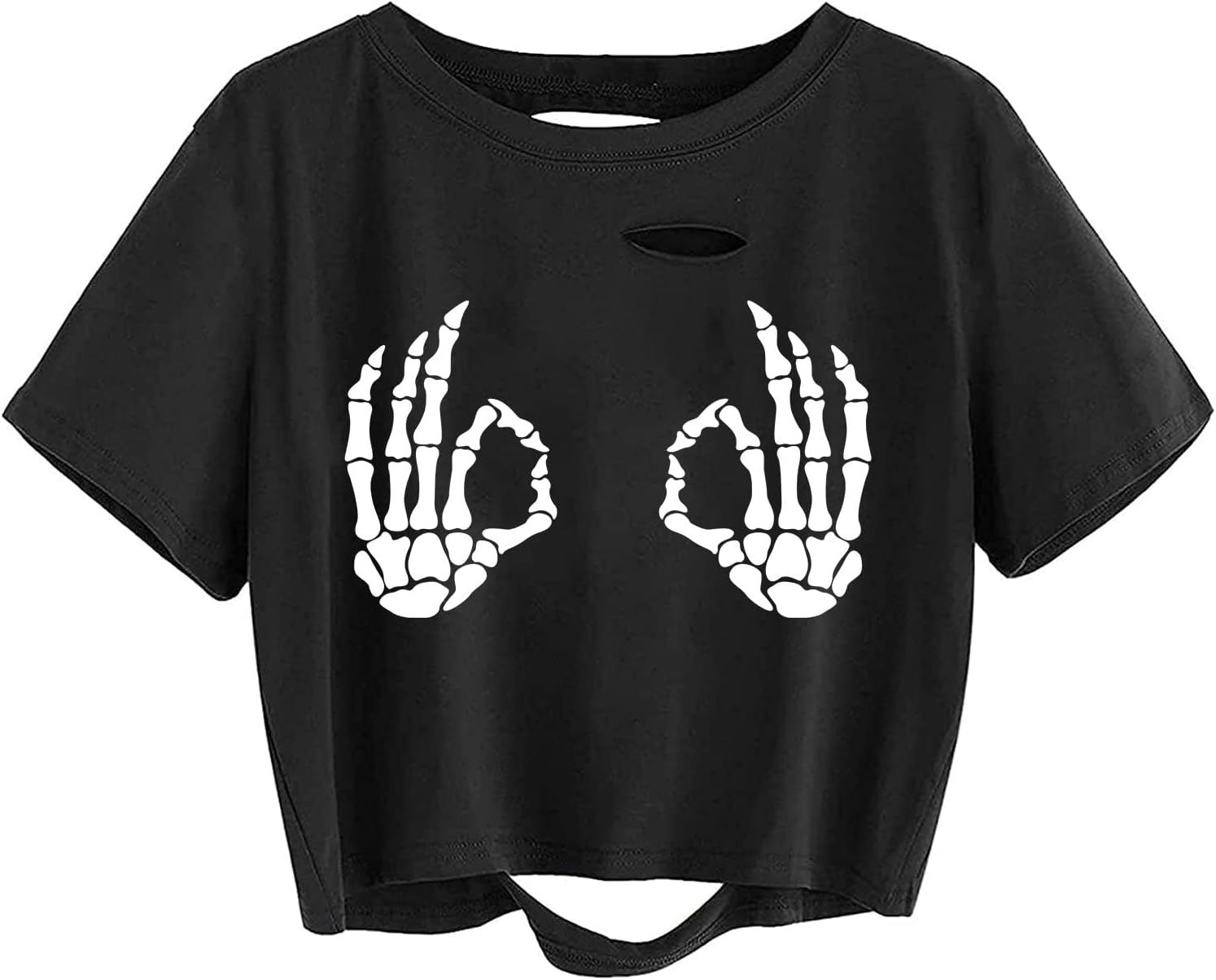 Avanova Women Skull Finger Graphic Distressed Tee Shirt Ripped Short Sleeve Crop Tops - Image 25