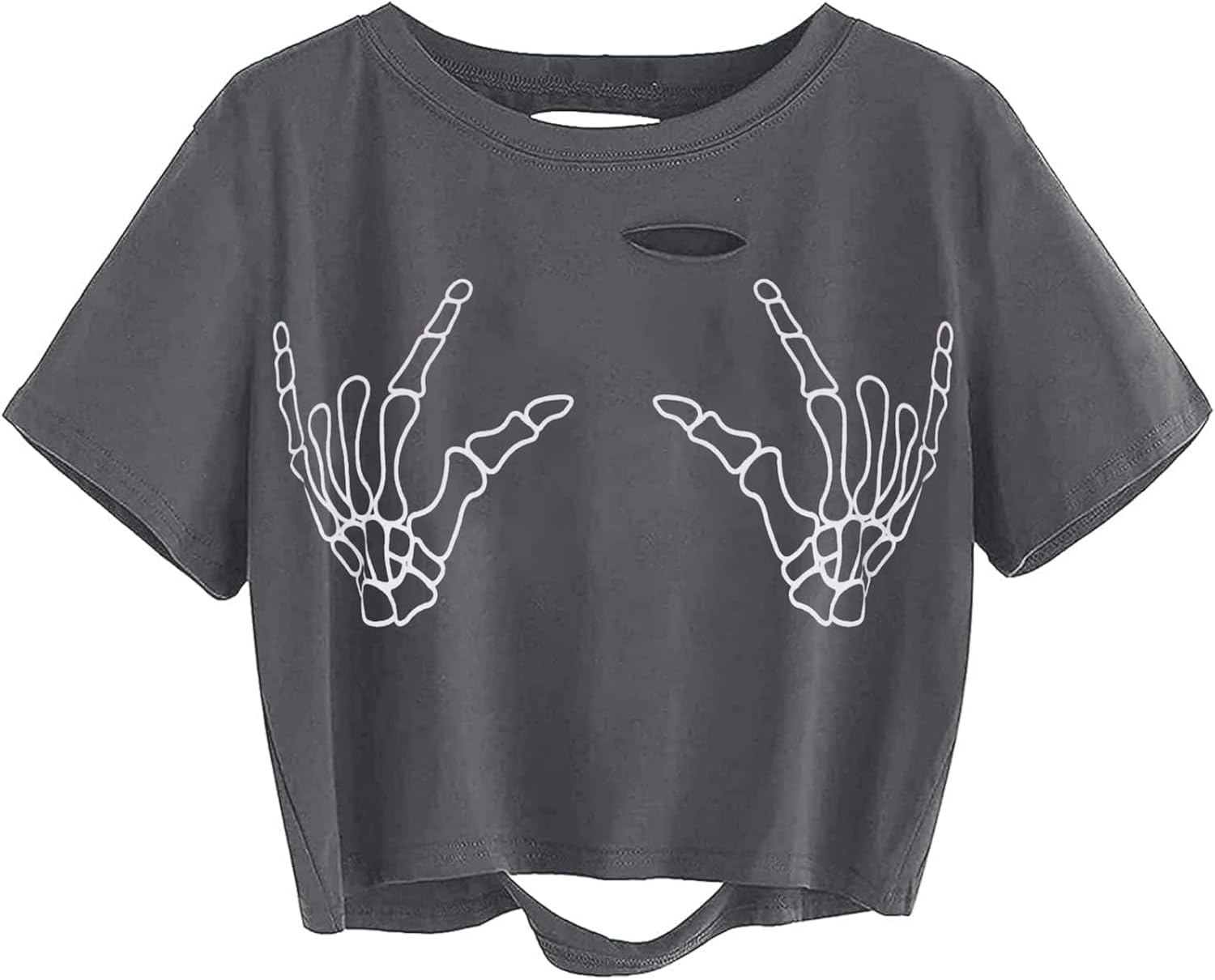 Avanova Women Skull Finger Graphic Distressed Tee Shirt Ripped Short Sleeve Crop Tops - Image 7
