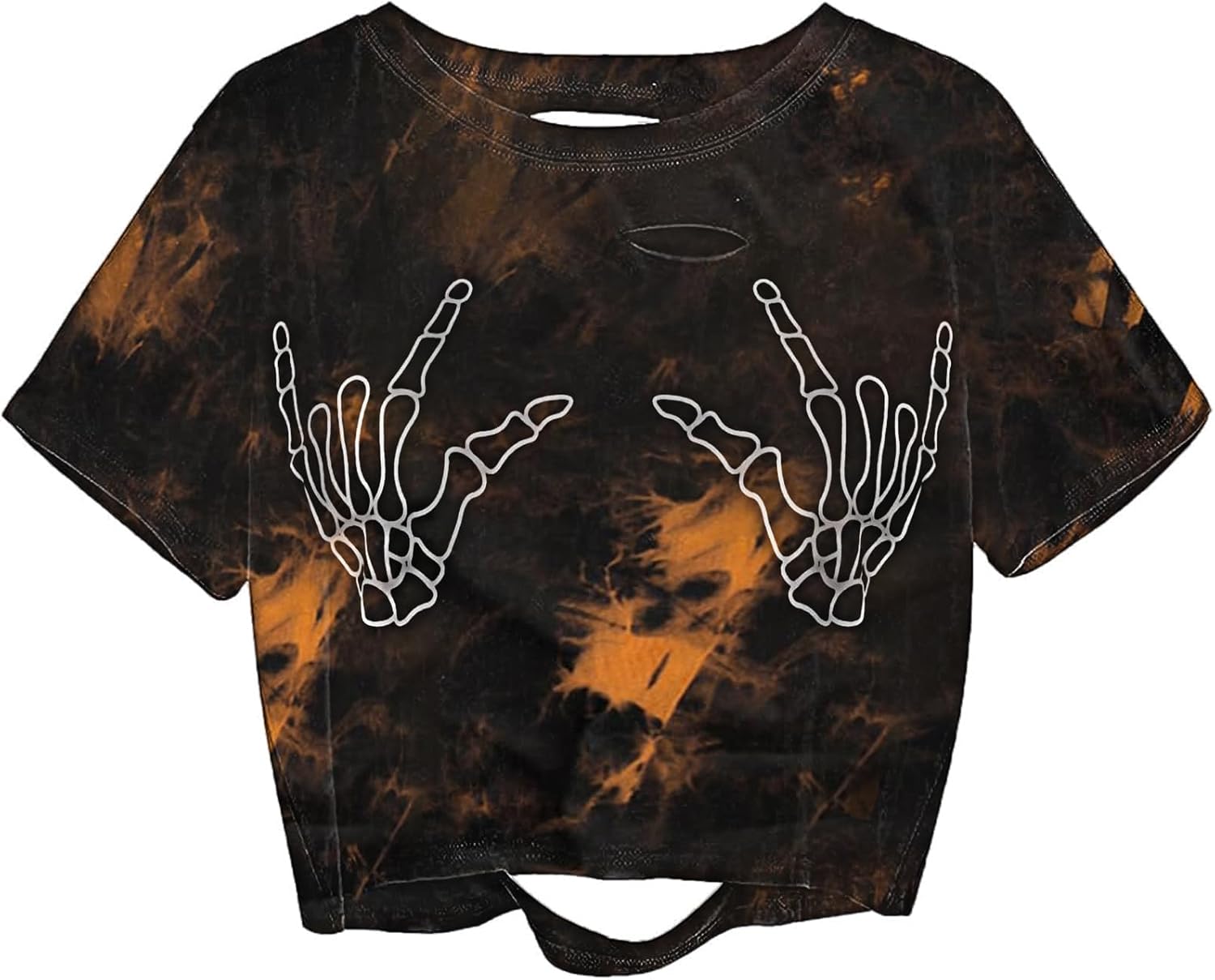 Avanova Women Skull Finger Graphic Distressed Tee Shirt Ripped Short Sleeve Crop Tops - Image 17