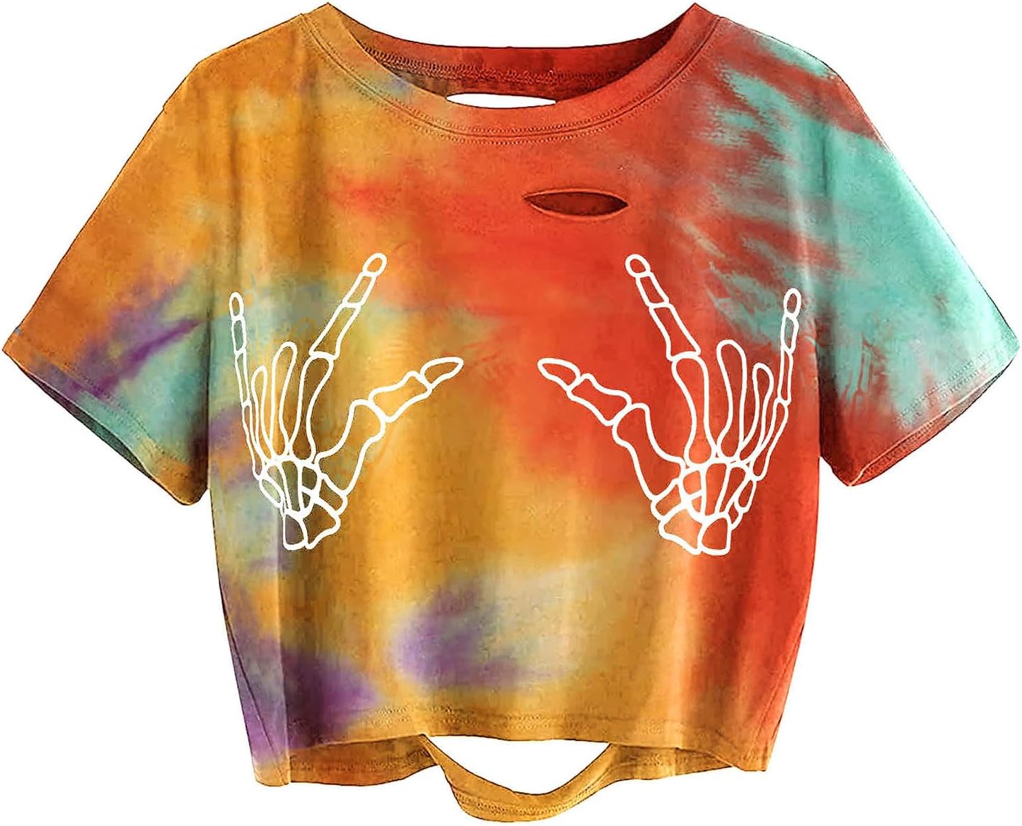 Avanova Women Skull Finger Graphic Distressed Tee Shirt Ripped Short Sleeve Crop Tops - Image 10