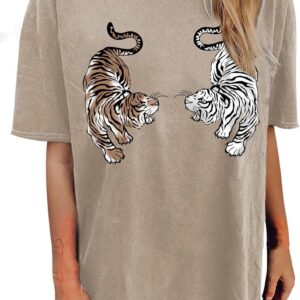 Avanova Women Tigers Graphic Oversized Tee Top Short Sleeve Loose Crewneck Summer
