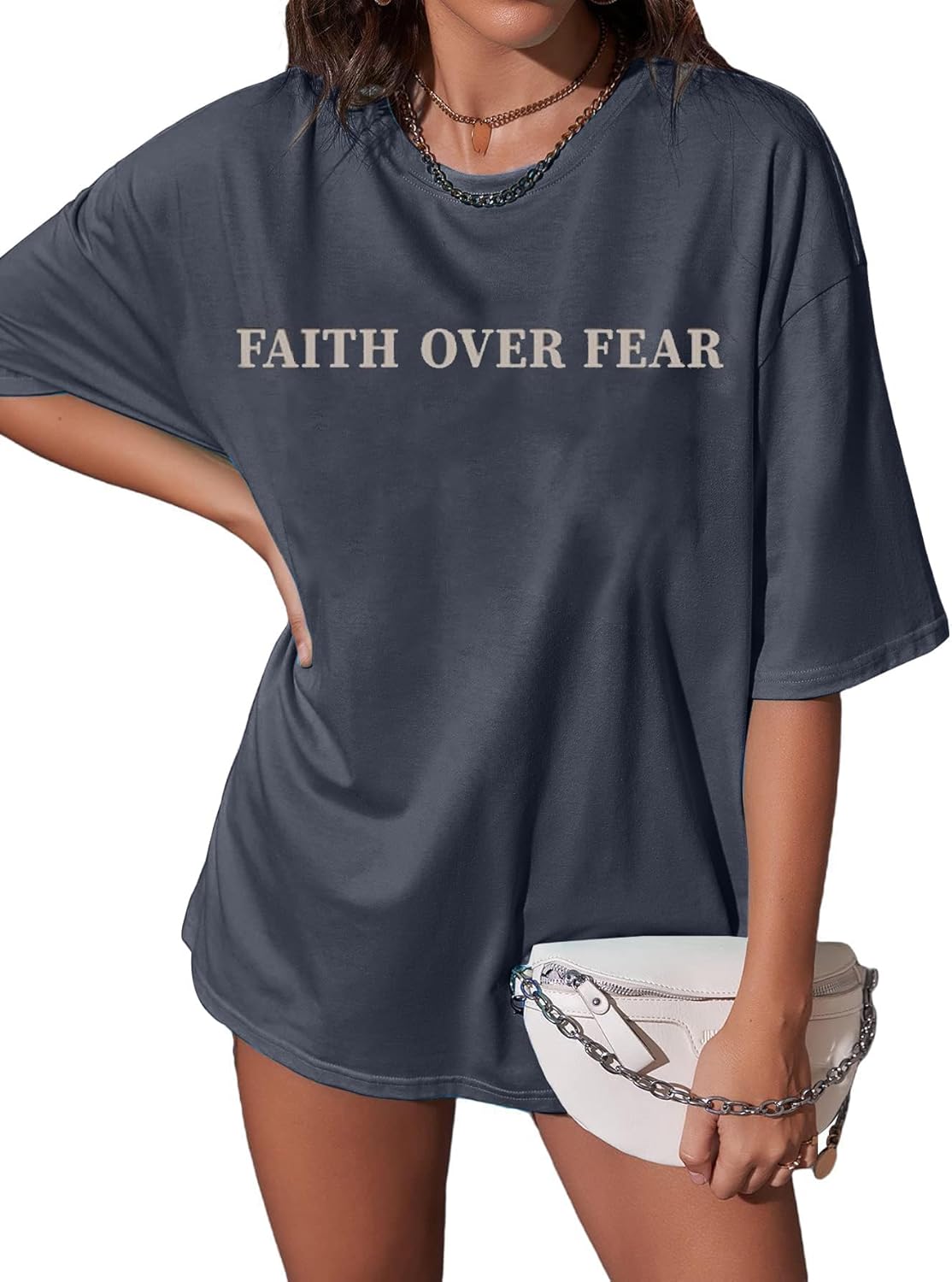 BANGELY Faith Over Fear Shirt Women Graphic Shirts Oversized Workout Gym Christian Religious Tees Drop Shoulder Tee Tops - Image 2