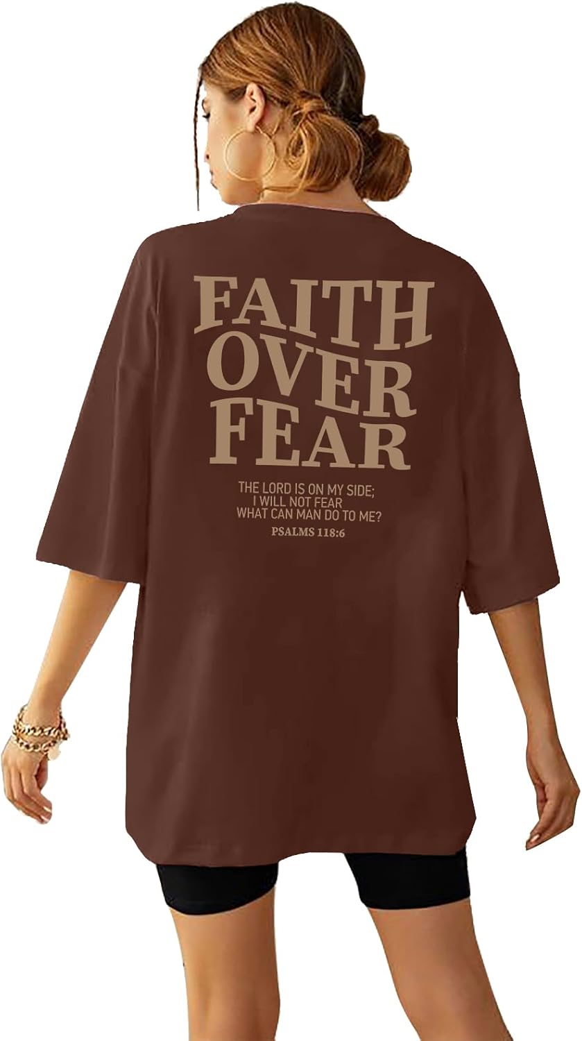 BANGELY Faith Over Fear Shirt Women Graphic Shirts Oversized Workout Gym Christian Religious Tees Drop Shoulder Tee Tops - Image 10