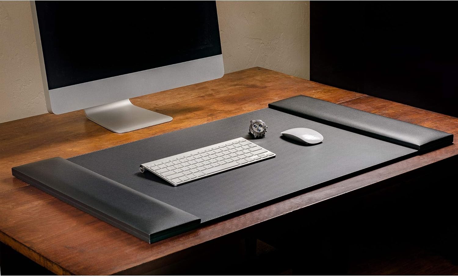 Black Leather 34" x 20" Desk Mat with Folding Side Rails - Image 3