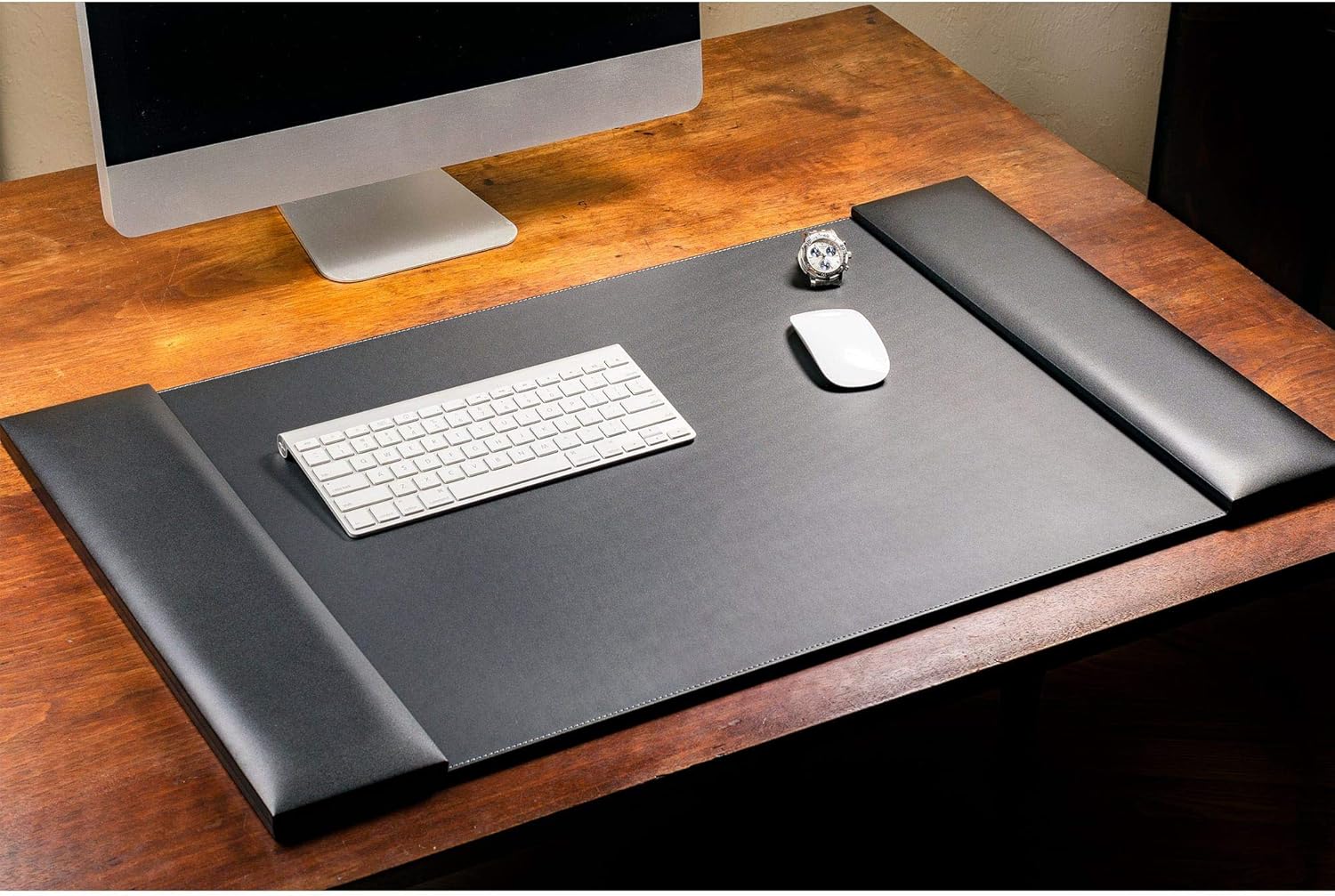 Black Leather 34" x 20" Desk Mat with Folding Side Rails - Image 4
