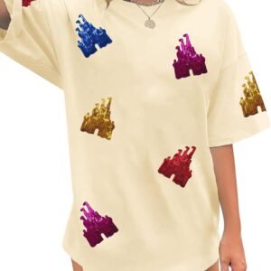 Bobeutou Magic Kingdom Shirts for Women Sequin Colorful Magical Castle Graphic Shirt Holiday Vacation Tshirt Funny Tee Tops