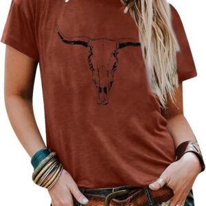 Boho Cow Skull Shirt Women Cowgirl t Shirt Vintage Western Rodeo Graphic Tee Short Sleeve Bull Skull Casual Top