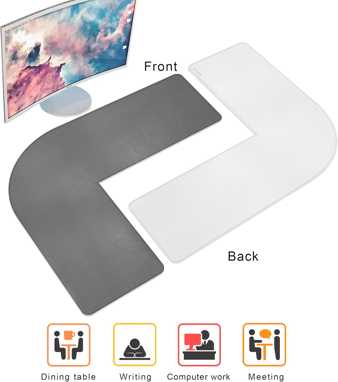 Chihein 53.2” x 65” x 19.7” L Shaped Leather Desk Mat - Big Gaming Corner Desk Pad, Non-Slip Waterproof Surface, Easy to Clean, Perfect for Office, Home (Gray/White) - Image 3