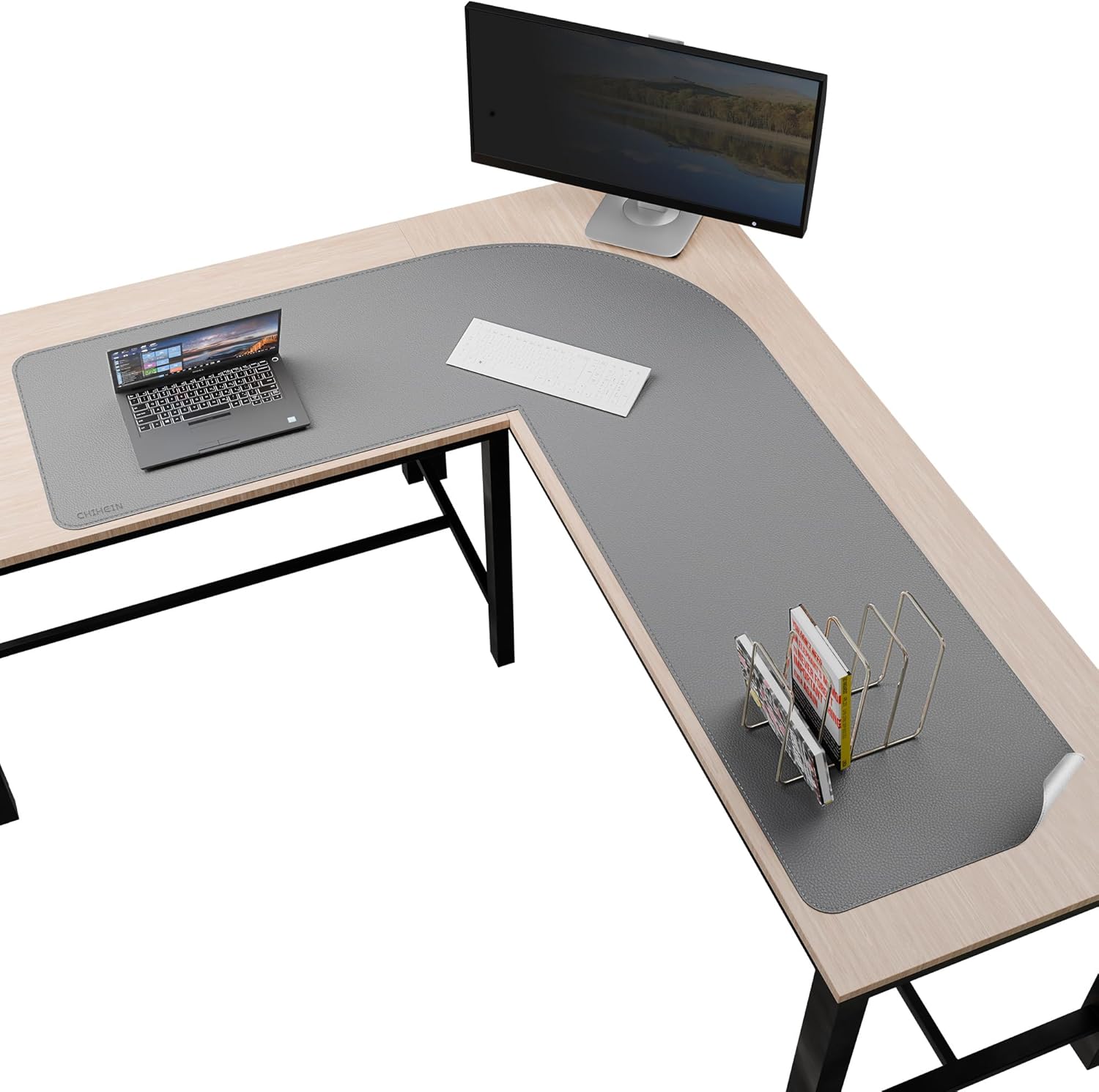 Chihein 53.2” x 65” x 19.7” L Shaped Leather Desk Mat - Big Gaming Corner Desk Pad, Non-Slip Waterproof Surface, Easy to Clean, Perfect for Office, Home (Gray/White)