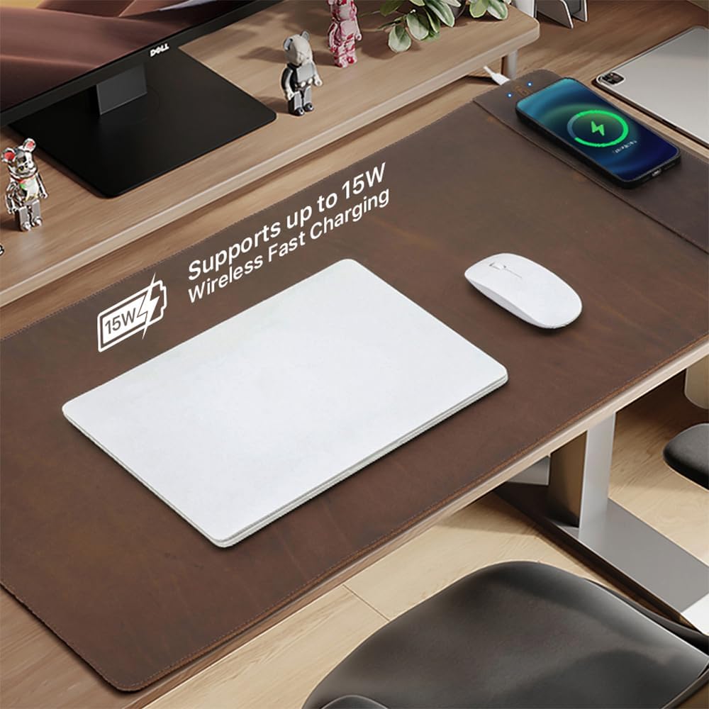 Contacts Full Grain Leather Wireless Charging Desk Mat with 15W Wireless Charger Type C Chargering Port Computer Desk Pad Large Mouse Pad 80x40 cm - Image 4