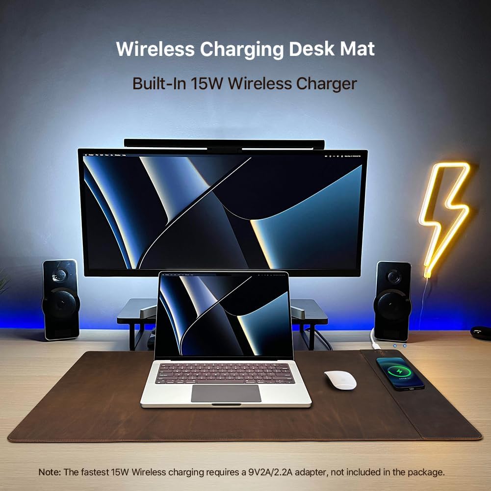 Contacts Full Grain Leather Wireless Charging Desk Mat with 15W Wireless Charger Type C Chargering Port Computer Desk Pad Large Mouse Pad 80x40 cm - Image 3