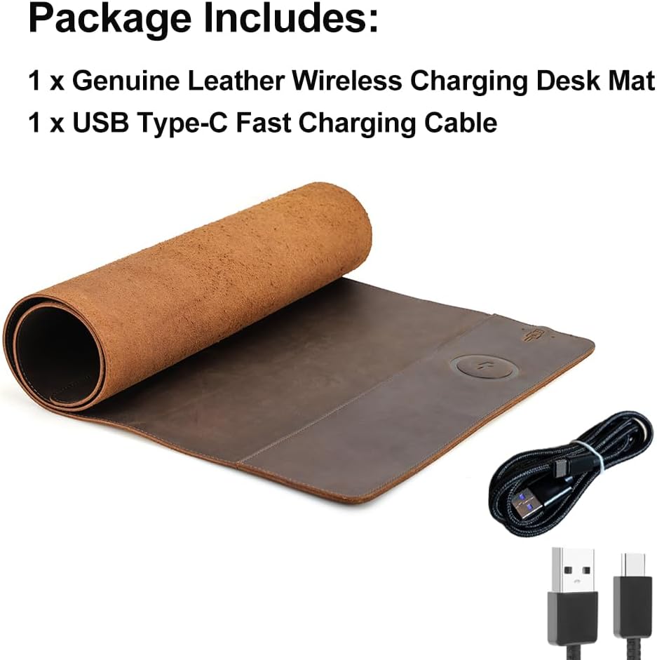 Contacts Full Grain Leather Wireless Charging Desk Mat with 15W Wireless Charger Type C Chargering Port Computer Desk Pad Large Mouse Pad 80x40 cm - Image 8
