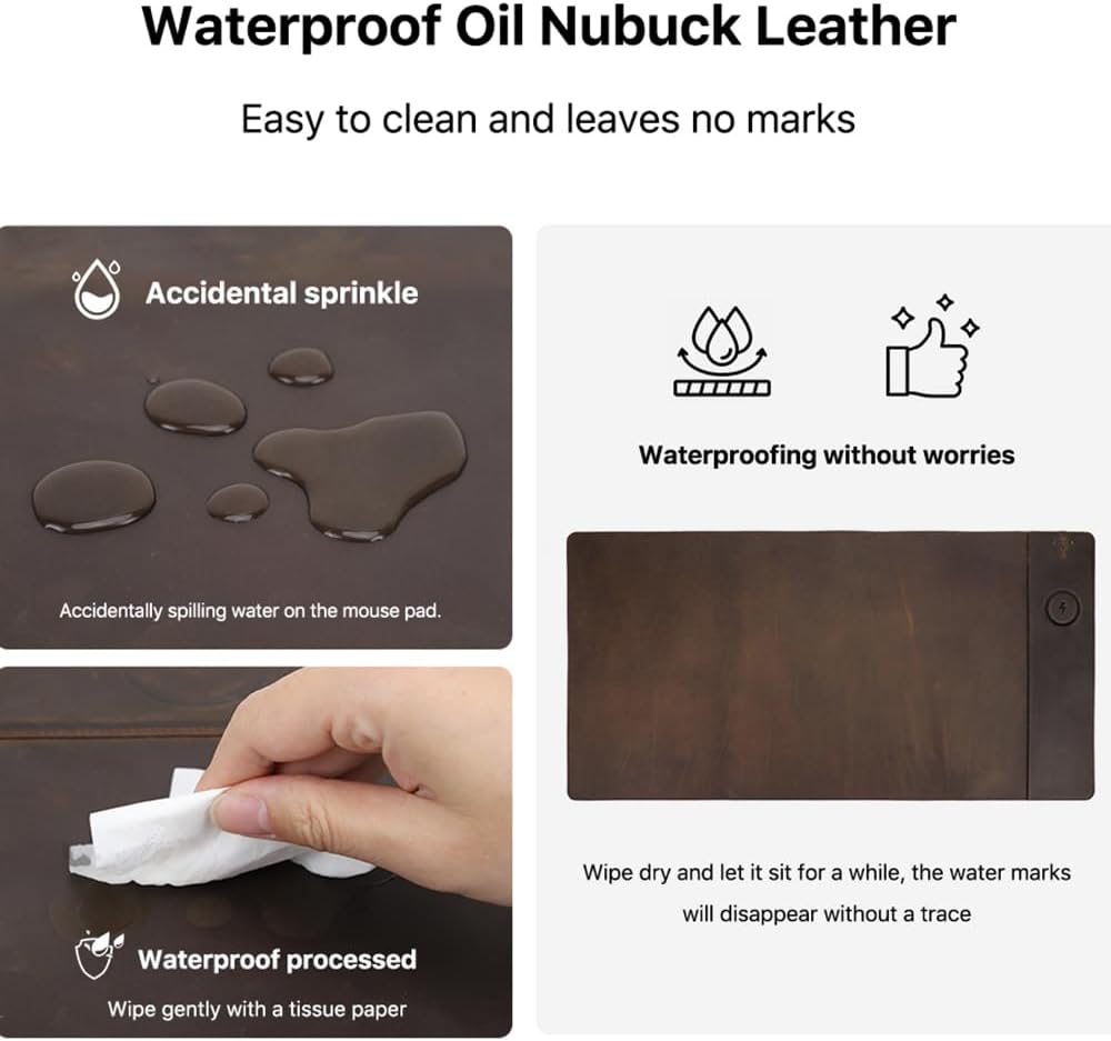 Contacts Full Grain Leather Wireless Charging Desk Mat with 15W Wireless Charger Type C Chargering Port Computer Desk Pad Large Mouse Pad 80x40 cm - Image 6