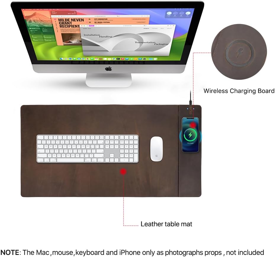 Contacts Full Grain Leather Wireless Charging Desk Mat with 15W Wireless Charger Type C Chargering Port Computer Desk Pad Large Mouse Pad 80x40 cm - Image 5