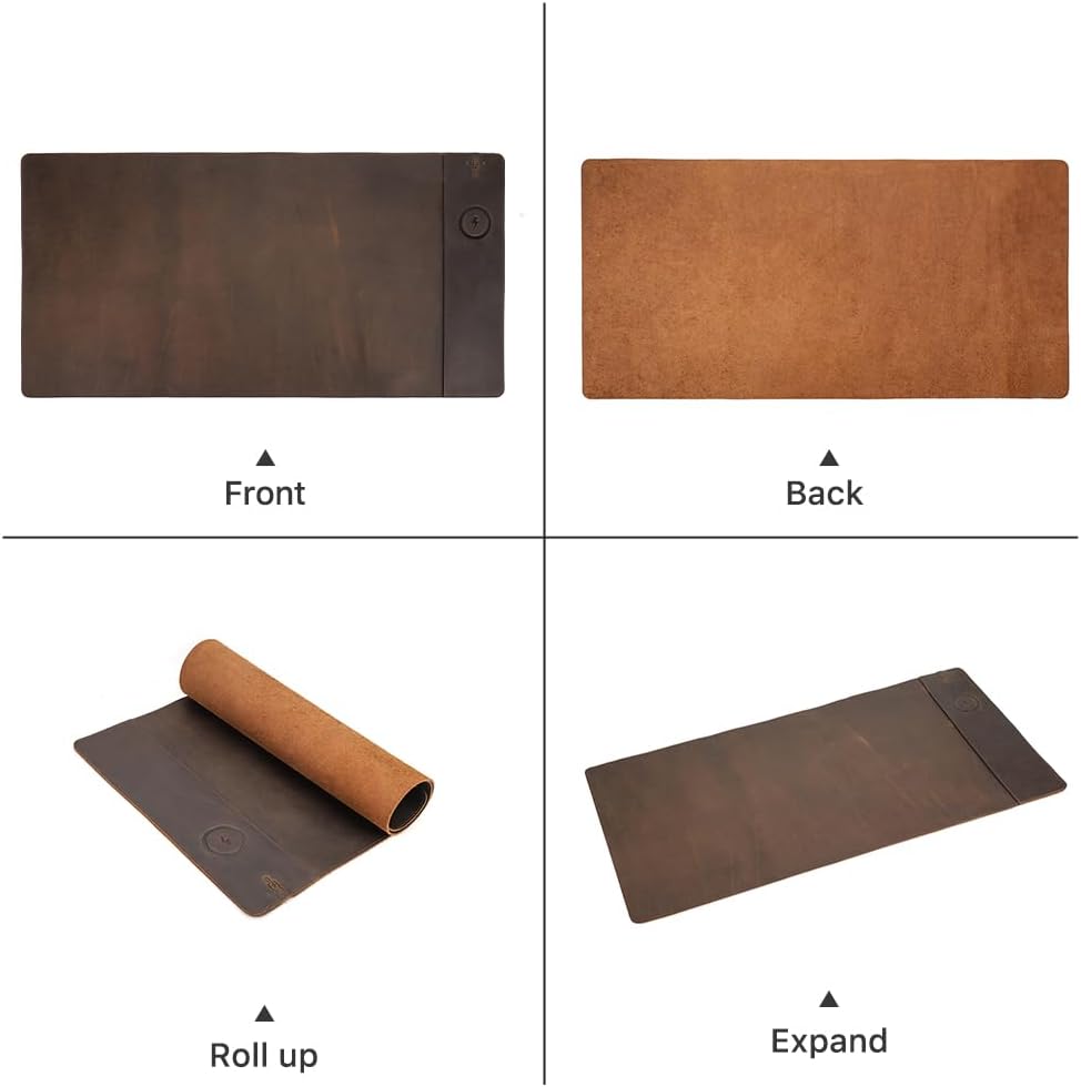 Contacts Full Grain Leather Wireless Charging Desk Mat with 15W Wireless Charger Type C Chargering Port Computer Desk Pad Large Mouse Pad 80x40 cm - Image 9