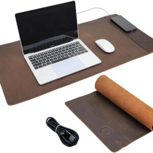 Contacts Full Grain Leather Wireless Charging Desk Mat with 15W Wireless Charger Type C Chargering Port Computer Desk Pad Large Mouse Pad 80x40 cm