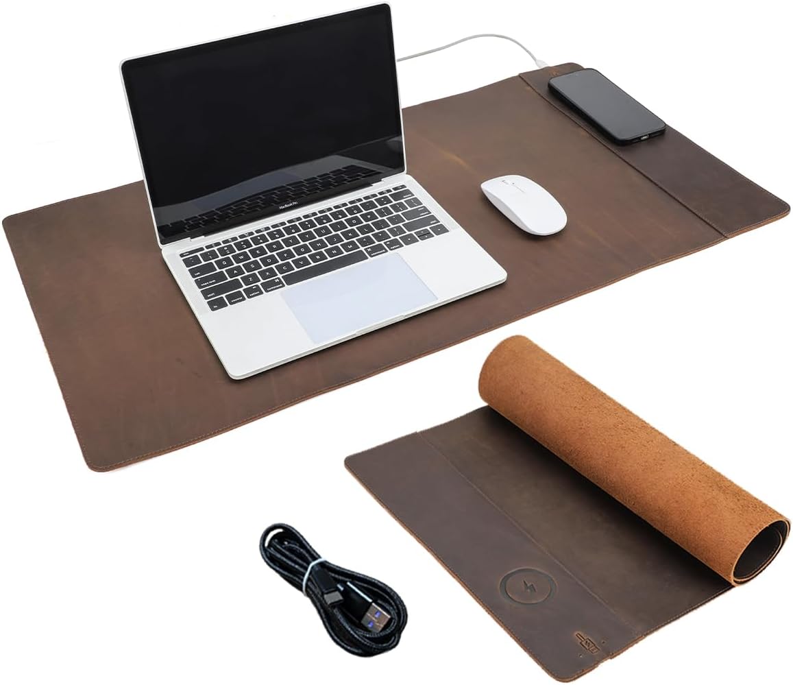 Contacts Full Grain Leather Wireless Charging Desk Mat with 15W Wireless Charger Type C Chargering Port Computer Desk Pad Large Mouse Pad 80x40 cm