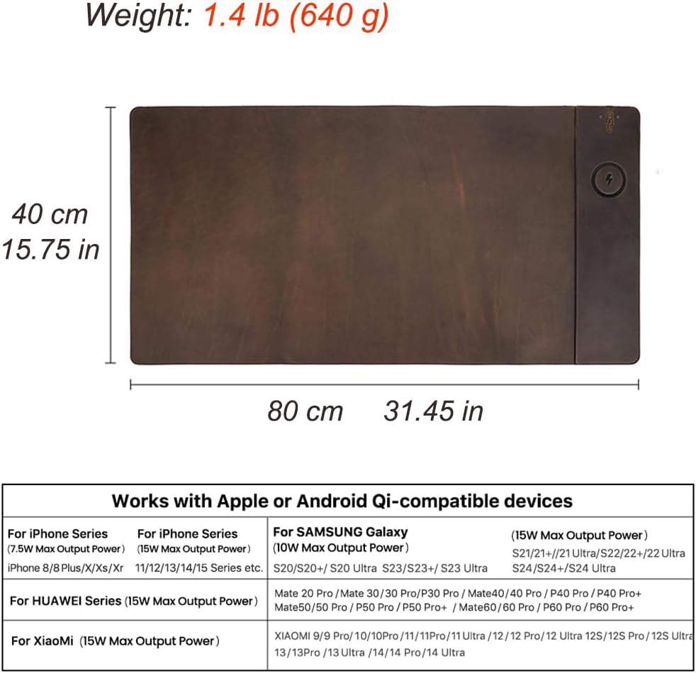 Contacts Full Grain Leather Wireless Charging Desk Mat with 15W Wireless Charger Type C Chargering Port Computer Desk Pad Large Mouse Pad 80x40 cm - Image 2