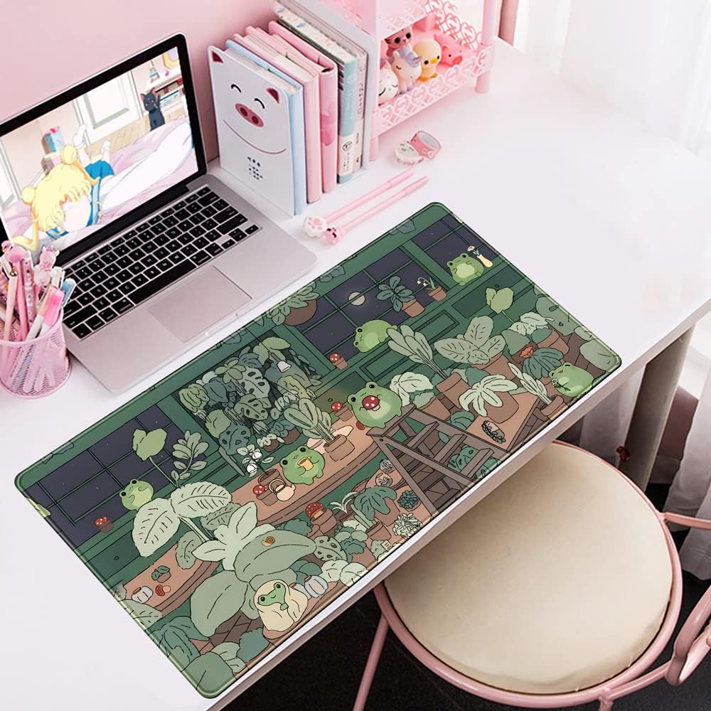 Cute Frog Kawaii Green Desk Decor Mat, Large Gaming Mouse Pad for Computer Keyboard Laptop, Home Office Accessories for Girl (31.5x15.7 in)-with Stitched Edges Pad - Image 5