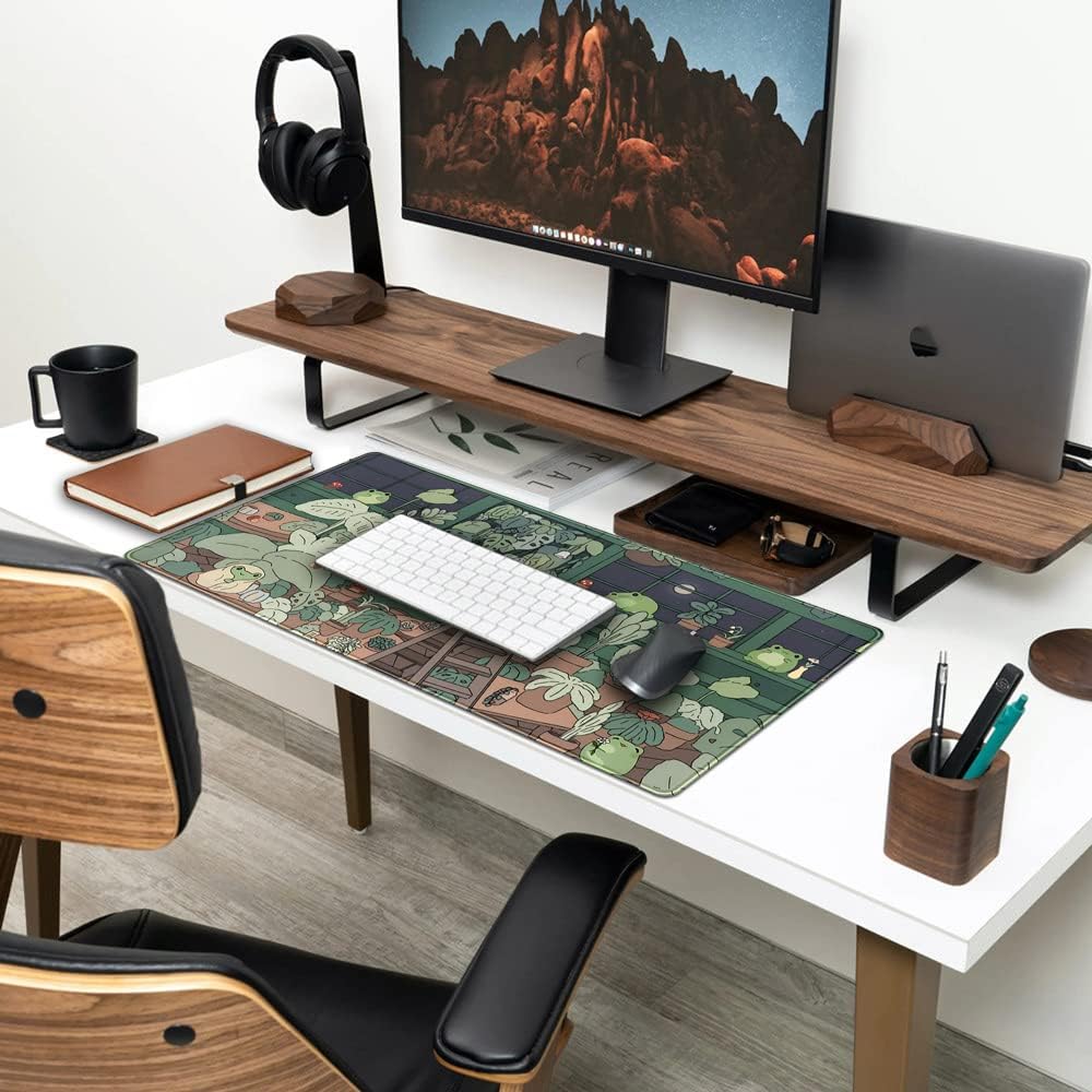 Cute Frog Kawaii Green Desk Decor Mat, Large Gaming Mouse Pad for Computer Keyboard Laptop, Home Office Accessories for Girl (31.5x15.7 in)-with Stitched Edges Pad - Image 3