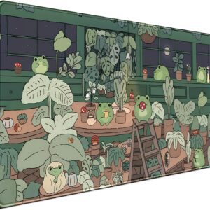 Cute Frog Kawaii Green Desk Decor Mat, Large Gaming Mouse Pad for Computer Keyboard Laptop, Home Office Accessories for Girl (31.5x15.7 in)-with Stitched Edges Pad