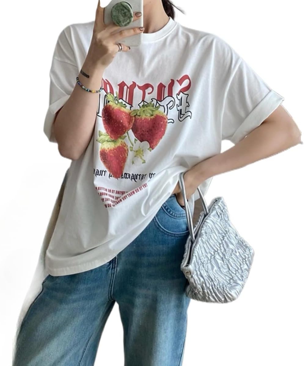 Cute Strawberry Beach Shirts Oversized Graphic Tees Women Short Sleeve Y2k Summer Tops 2000s Aesthetic Preppy Clothes - Image 18