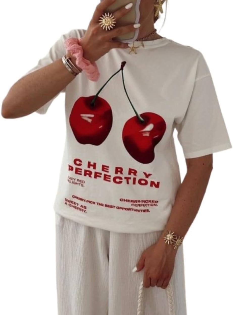 Cute Strawberry Beach Shirts Oversized Graphic Tees Women Short Sleeve Y2k Summer Tops 2000s Aesthetic Preppy Clothes - Image 24