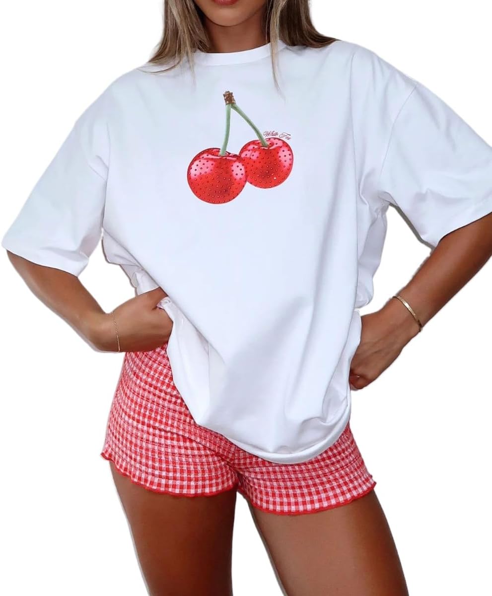 Cute Strawberry Beach Shirts Oversized Graphic Tees Women Short Sleeve Y2k Summer Tops 2000s Aesthetic Preppy Clothes - Image 28