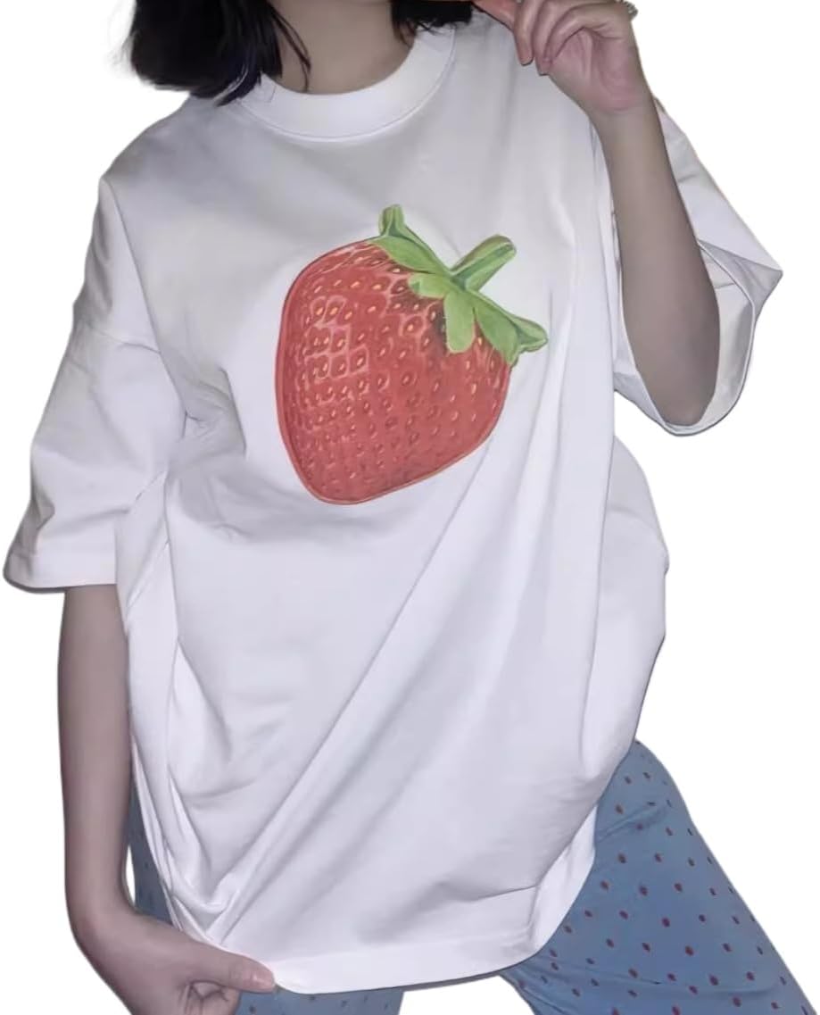 Cute Strawberry Beach Shirts Oversized Graphic Tees Women Short Sleeve Y2k Summer Tops 2000s Aesthetic Preppy Clothes - Image 8