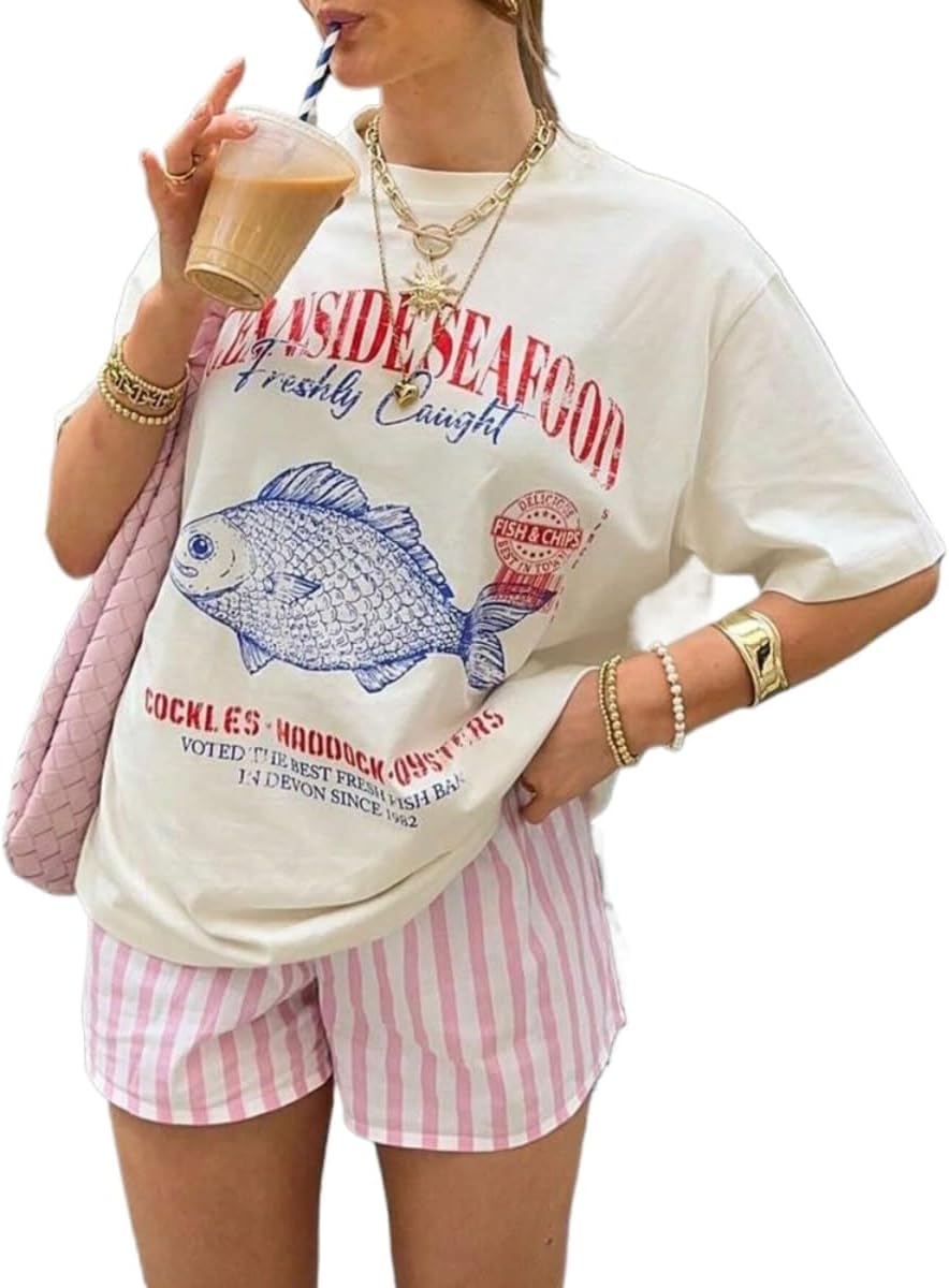 Cute Strawberry Beach Shirts Oversized Graphic Tees Women Short Sleeve Y2k Summer Tops 2000s Aesthetic Preppy Clothes - Image 17