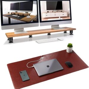 Dual Monitor Riser and Brown Leather Desk Mat Bundle - Premium Handmade Hardwood Acacia - Large Leather Desk Pad Protector Blotter
