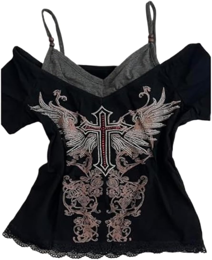 Emo Grunge Shirts Women 2000s Graphic Baby Tees Fake Two Piece Short Sleeve Vintage Y2k Crop Top Goth Alt Clothes - Image 15