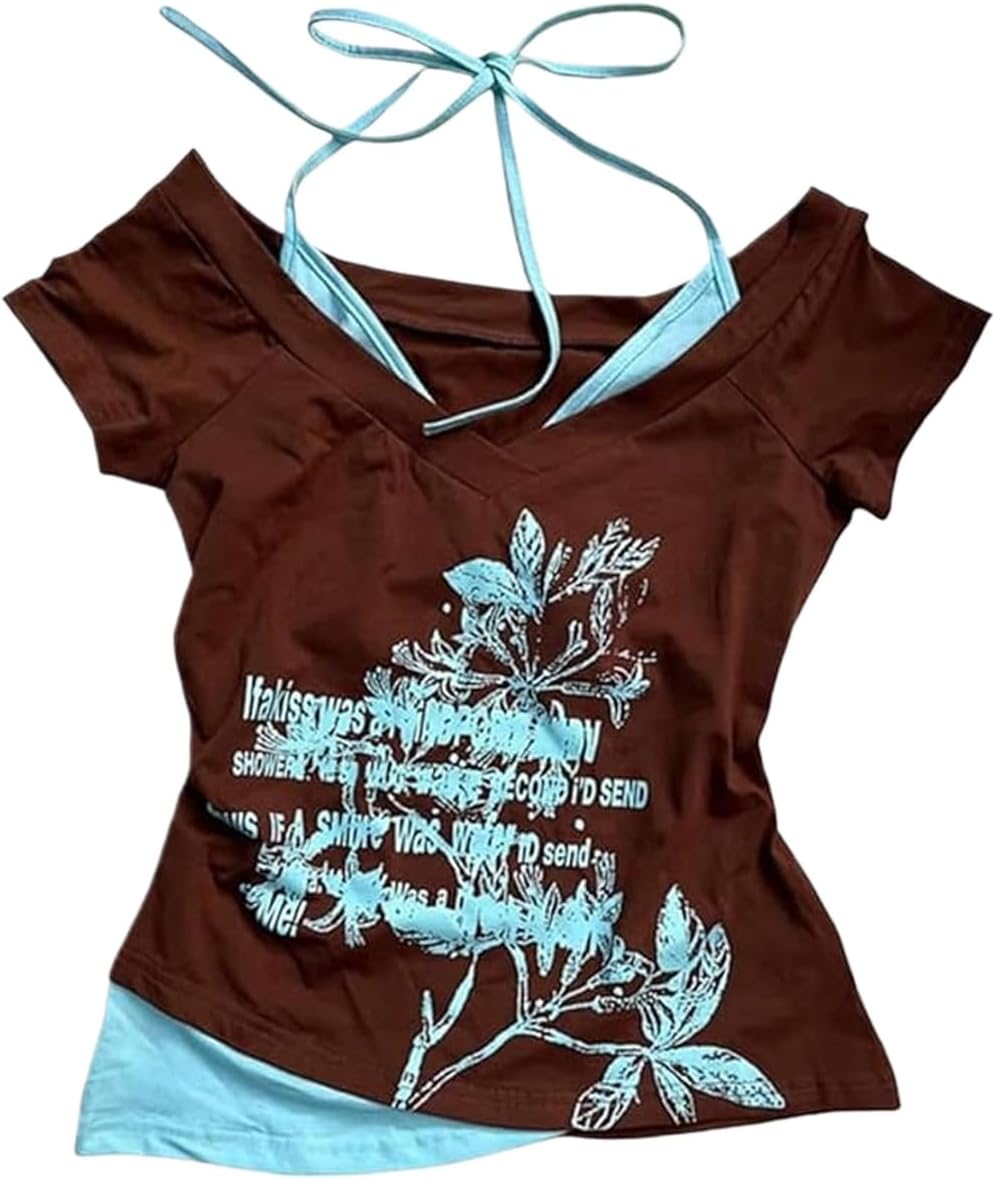 Emo Grunge Shirts Women 2000s Graphic Baby Tees Fake Two Piece Short Sleeve Vintage Y2k Crop Top Goth Alt Clothes - Image 11