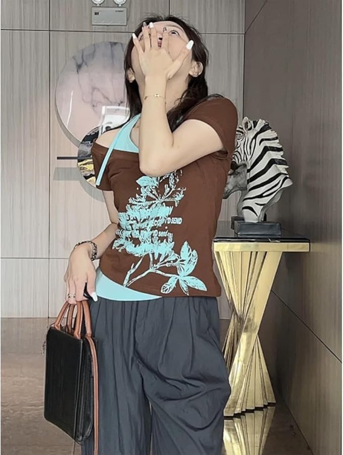 Emo Grunge Shirts Women 2000s Graphic Baby Tees Fake Two Piece Short Sleeve Vintage Y2k Crop Top Goth Alt Clothes - Image 7