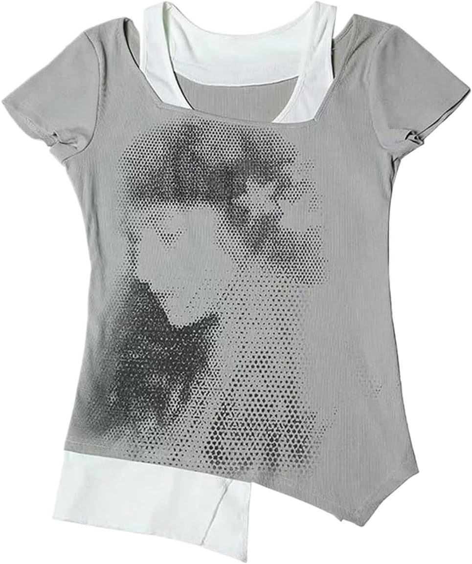 Emo Grunge Shirts Women 2000s Graphic Baby Tees Fake Two Piece Short Sleeve Vintage Y2k Crop Top Goth Alt Clothes - Image 9