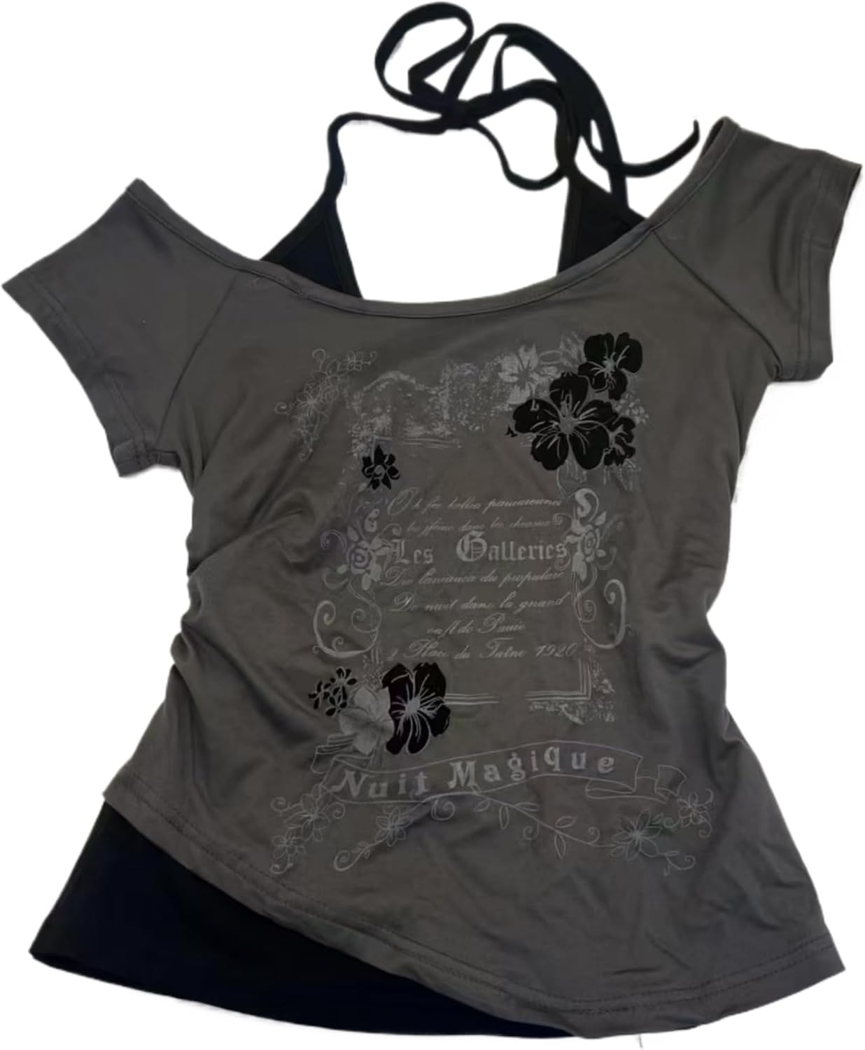 Emo Grunge Shirts Women 2000s Graphic Baby Tees Fake Two Piece Short Sleeve Vintage Y2k Crop Top Goth Alt Clothes - Image 12