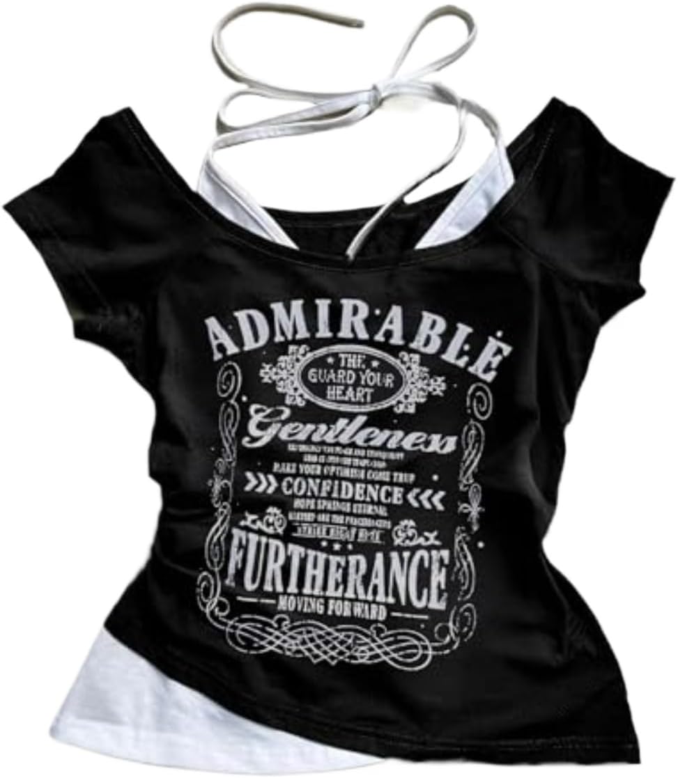 Emo Grunge Shirts Women 2000s Graphic Baby Tees Fake Two Piece Short Sleeve Vintage Y2k Crop Top Goth Alt Clothes - Image 13